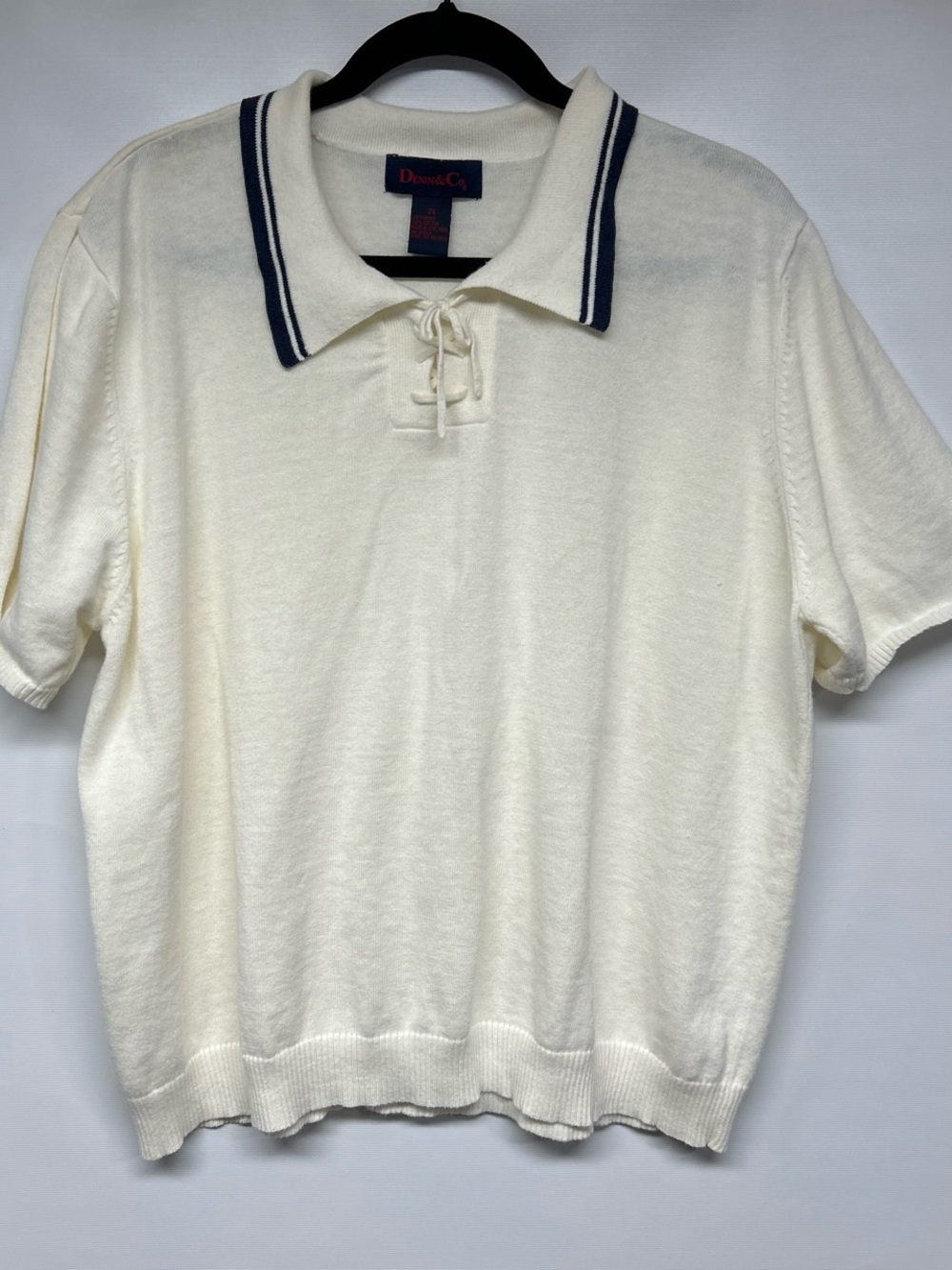 Denim&Co Cream Knit Polo with Navy Trim
